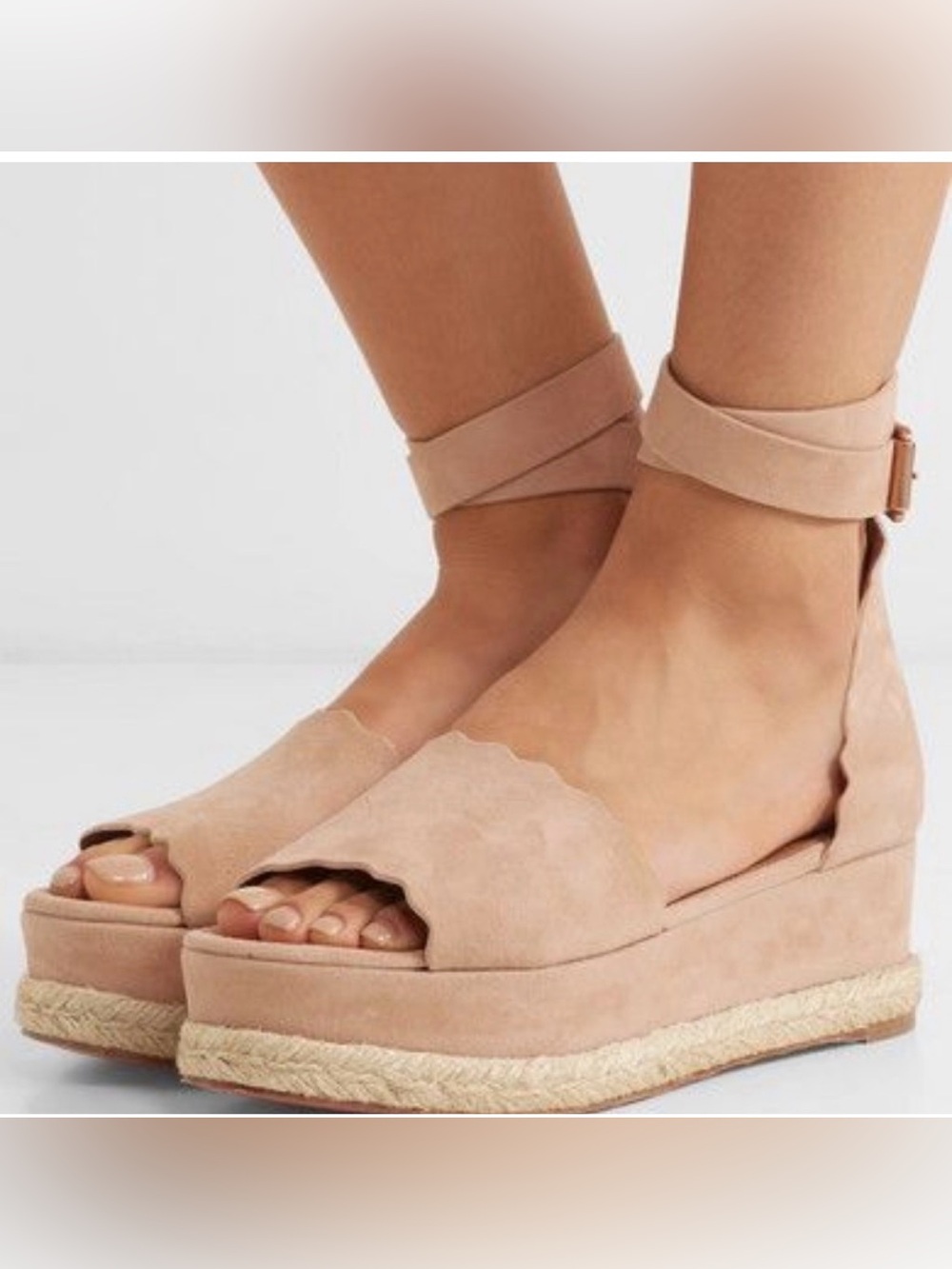 Chloe Beige Suede Scalloped Trim Lauren Ankle Wrap Flatform Espadrille Sandals